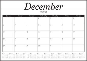 December 2020 desk calendar vector illustration
