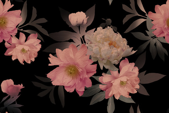Beautiful  blooming pink flowers peonies on black. Floral seamless pattern. Fashion background. Design for paper, wallpaper, decoration packaging, textile. Vintage illustration art.