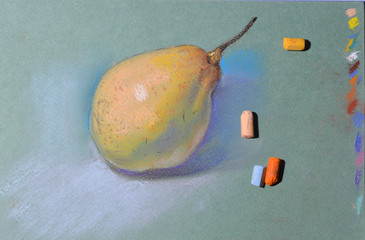 Hand drawn pear with chalks soft pastel