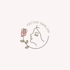 Woman face and rose vector emblem design template in simple line style