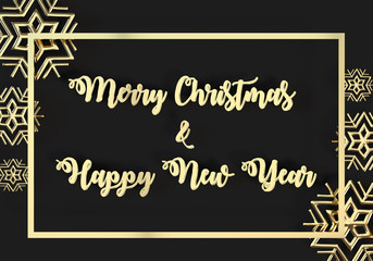 3d render of Lettering Merry Christmas card, Christmas background with Shining gold Snowflakes.