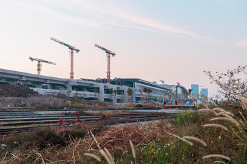 Fototapeta na wymiar Construction site of Bangsue grand station Bangkok metropolitan ,largest railway station in Southeast Asia and 600 metre long platforms, Thailand