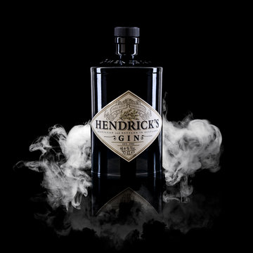Bottle of Hendricks Gin on a dark and smokey background