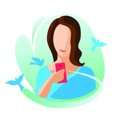 Girl with a smartphone sends and receives messages birdies. Online chat concept. Vector illustration