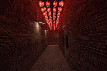 There are beautiful red lanterns hanging in Chinese festival alleys.Text translation on lantern: Blessing, Pray