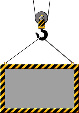 A 3d rendered illustration of a crane pully lifting a blank danger notice board on steel ropes.