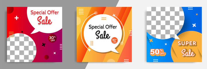 Three set of sale square banner. Abstract gradient modern geometric design style template. Suitable for advertising and promotion in social media post,blog, web. Vector Illustration. 