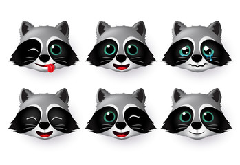 Obraz premium Emojis wolf face vector set. Wolfs emoji or emoticon animal faces in naughty, crying, cute, smiling and happy mood isolated in white background. Vector illustration.