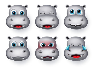 Hippopotamus emoji vector set. Hippopotamus or hippo face emojis and emoticons animal character with laughing, scared, smiling and angry expressions isolate in white background. Vector illustration. 