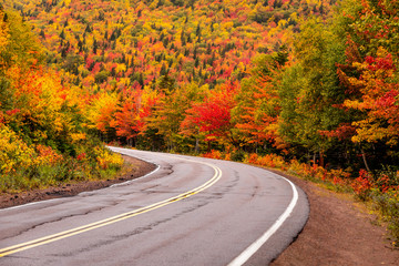A stunning splash of fall colours driving on Cabot trail, louping Cape Breton, in Nova Scotia is...