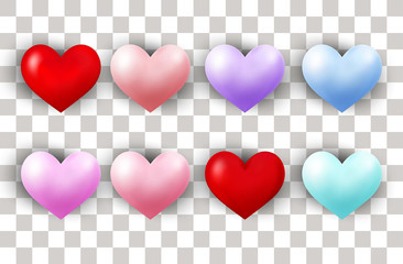 Set of realistic love icons in various colors on transparent background