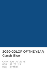 Classic Blue Color of the Year 2020. Swatch with Color Value Codes in CMYK, RGB and HEX / HTML Web Format. Future Color Trend Forecast. Palette Sample.