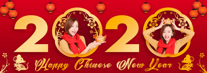 asian young woman celebrating for chinese new year. chinese text happy new year 2020