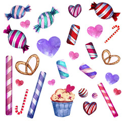 Watercolor set. Elements for Valentine's day:  sweets, candies, cupcake.
