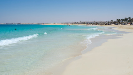 Marsa Matruh, Egypt. The sandy beach and the amazing sea with tropical blue, turquoise and green colors. Relaxing context. Fabulous holidays. Mediterranean Sea. North Africa. Clean and pristine sea