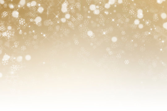 golden christmas background with snow, snowflakes and stars