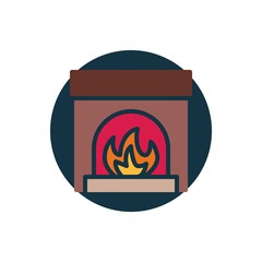 Christmas fireplace flat icon. Round colorful button, circular vector sign. Fireplace with burning fire flat style design