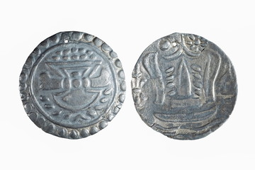 view front and back of ancient silver coin isolated on white background, Period Funan 1th.-6th. Century.