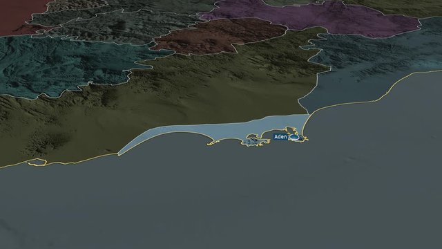 Adan - governorate of Yemen with its capital zoomed on the administrative map of the globe. Animation 3D