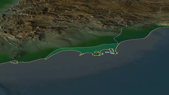 Adan - governorate of Yemen with its capital zoomed on the physical map of the globe. Animation 3D