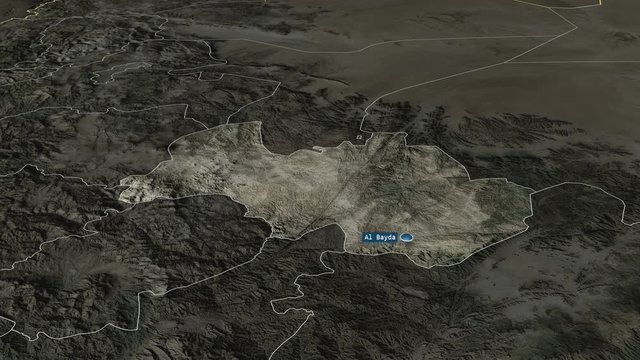 Al Bayda' - governorate of Yemen with its capital zoomed on the satellite map of the globe. Animation 3D