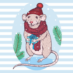 Vector Christmas Mouse with Gift illustration. New Year 2020 Holiday postcard drawing. Winter X-mas print. Cute animal image. Rat in red hat and scarf picture. 