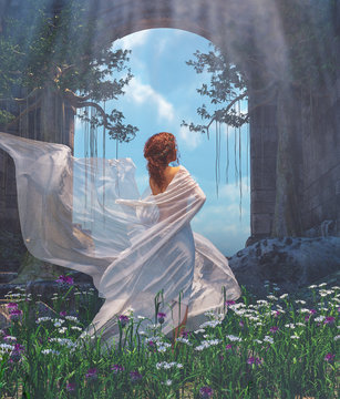 Woman in white veils walking in the park,3d rendering