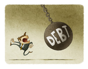 Businessman runs because a big ball with the word debt is going to hit him