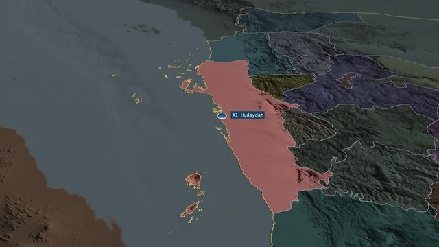 Al Hudaydah - governorate of Yemen with its capital zoomed on the administrative map of the globe. Animation 3D