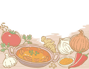 Vegetables, Indian spices for chicken curry.