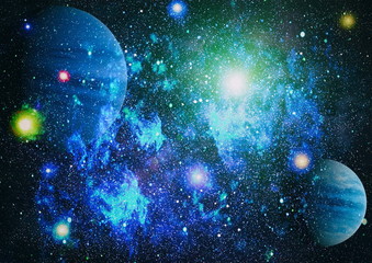 Stars of a planet and galaxy in a free space. Elements of this image furnished by NASA .