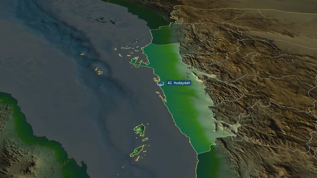 Al Hudaydah - governorate of Yemen with its capital zoomed on the physical map of the globe. Animation 3D