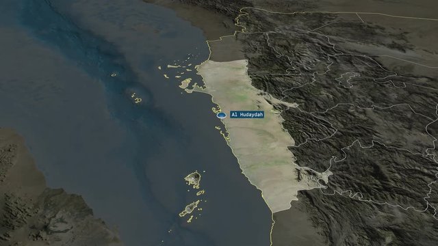 Al Hudaydah - governorate of Yemen with its capital zoomed on the satellite map of the globe. Animation 3D