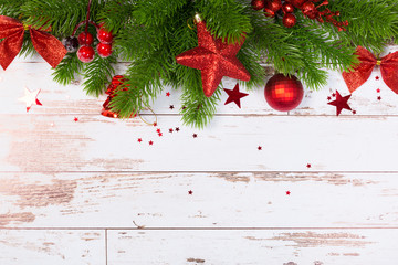 Christmas holidays composition on white wooden background with copy space for your text.