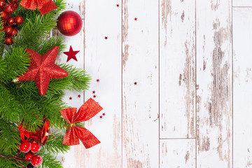 Christmas holidays composition on white wooden background with copy space for your text.