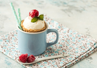 Homemade  vanilla ice cream with fresh mint in color cup. Sweet berry summer dessert. concrete background copy space