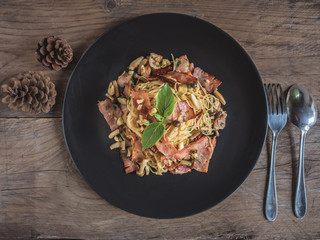 Pasta Stir Fried Dried Chilies with Bacon and Mushrooms