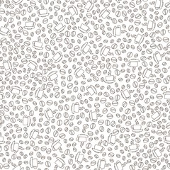 Vector hand drawn pattern of coffee seeds and cups. Coffee beans, cup seamless pattern on white background. Seamless coffe background with bean and seed of cafe and sketched espresso cup. Simple