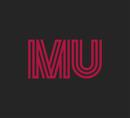 Initial two letter red line shape logo on black vector MU