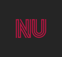 Initial two letter red line shape logo on black vector NU