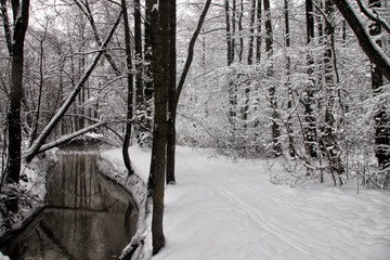 The snow-covered river was not frozen in winter.River flow in winter. Heavy snow covered trees, streets, houses. Snow on the branches of trees. Reflection of snow in the river. Huge snowdrifts lie on 