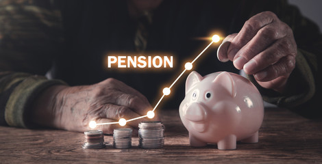 Elderly woman putting money to piggy bank. Growth chart. Pension - obrazy, fototapety, plakaty