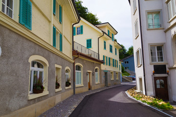 Fototapeta na wymiar Street of Einsiedeln town. Canton of Schwyz, Switzerland.