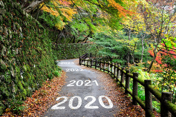 Number of 2020 to 2023 on walkway with maple forest, happy new year concept