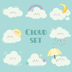 The collection of cartoon cloud set. The character of cute white cloud with many emotion.The cloud with sun and moon and star and rainbow and umbrella. The character of cute cloud in flat vector style