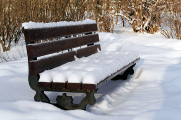 wooden bench in winter park covered with snow after snowfall