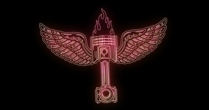 Animation of winged piston from glowing neon lines flames.