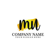 letter MU handwriting Black color logo, and elegant gold brush template