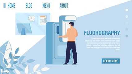 Landing Page Offering Fluorography Medical Service. Clinical Hardware Examination. Patient Breast Diagnosis Advertisement. Healthcare Telemedicine. Vector Cartoon Patient Scanning Lunges Illustration