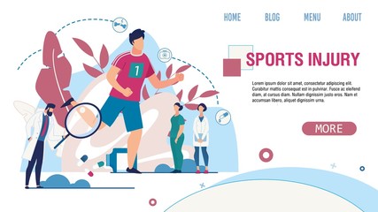 Sports Injury Treatment Online Medical Service Flat Landing Page. Vector Cartoon Sportsman and Doctors Physician Specialist Detecting Trauma Helping Patients Illustration. Rehabilitation and Recovery